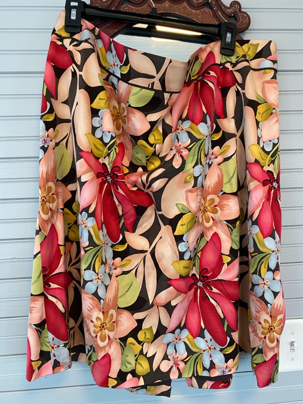 Floral A-Line Skirt in Black with Pink & Red Blooms